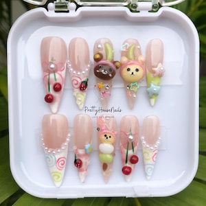 BBQ Fruit Party Press On Nails, Handmade Long Stiletto Nail Set With French Tips, Bunny, Strawberry, Cute Nail, Unique Nail Art for Holiday.
