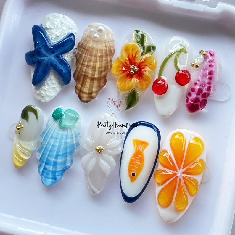 Tropical Nail Art, Beach Theme Nails, Ocean Nail Designs, Seashell Nails, Starfish Nail Art, Press on Nails, 3D Nail Art, Summer Nail Set, Floral Nail Designs, Unique Nail Set, Custom Nails, Vacation Nails, Holiday Nails