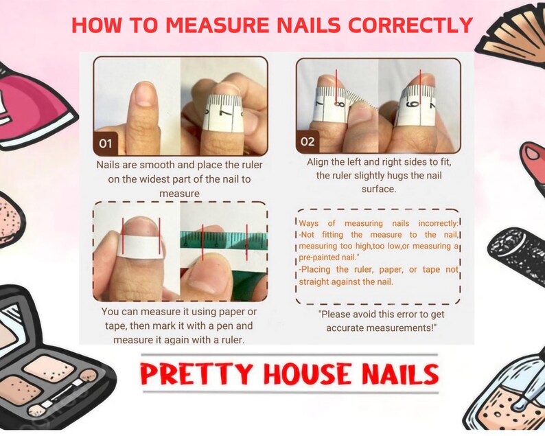 Op de afbeelding: Diagram met uitleg over het correct meten van nagels. De afbeelding toont stappen met een liniaal en tape om de nagelbreedte te meten. Tekst bevat "How to Measure Nails Correctly" en "Pretty House Nails."