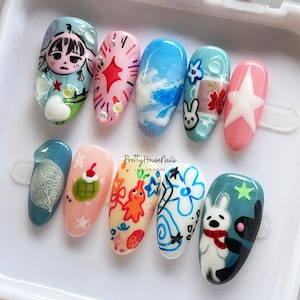 Gaspard & Lisa Inspired Press On Nails, Pikmin Nails, Funkytown Almond Nail Set, Cartoon Nails, Colorful Nails, Artistic Nails, Fantasy Nail