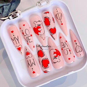 My Heart & Bear Press On Nails, Valentine Nails, Coffin Nails, Fake Nails, Trendy Nails, Glue On Nails, Elegant Nails, Y2K Nails, Fall Nails