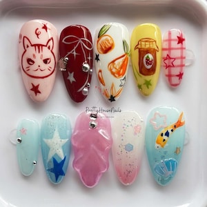 Uñas postizas de gato hambriento, divertido juego de uñas de almendras, arte de uñas de dibujos animados hecho a mano, uñas postizas 3D únicas y caprichosas, uñas kawaii, uñas de pez, regalos.