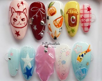 Hungry Cat Press On Nails, Funny Almond Nail Set, Handmade Cartoon Nail Art, Unique Whimsical 3D Fake Nails, Kawaii Nail, Fish Nails, Gifts.