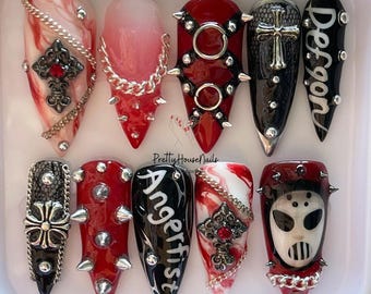 Gothic Punk Press On Nails, Red Black Spiked Stiletto Nail Set with Chains and Cross Charms, Handmade Alternative Nail Art, Gift for Fans
