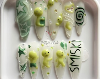Unique Smiski Fake Nails, Kawaii Smiski Theme Press On Nails, Smiski Star Nail Art, Trendy Anime Cartoon Nails, Japanese Nails, Gift for her