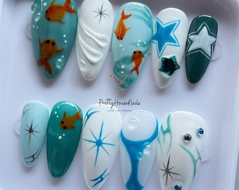 Handmade Koi Fish Press On Nails, Unique Aquarium Theme Nails for Gift, Party, Summer Look, Ocean Blue & Star Design Nail Art, Holiday Nails
