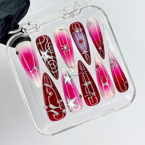Gorgeous Red Velvet Press On Nails | Glitter Star Nails Art | Spiral Pattern Fake Nails | Look Fresh False Nails for Everyday | Gift for Mom