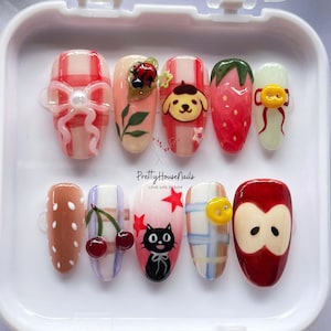 Cute Kawaii Press On Nails, Handmade Cartoon Cat Dog Strawberry Cherry Nail Art, Cute Animal Fruit False Nails, Gift for Her, Summer Nails.