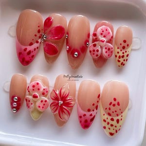 Orchid Garden Press On Nails, Almond Nail Set with with 3D Floral, French Tips Nails, Custom Fake Nails, Spring Nails, Wedding, Daily Nails.