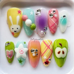 Green Apple Press On Nails, Handmade Almond Nail Set with Fruit, Miffy, Star, Unique Summer Nails, Funny Party/Holiday/Vacation Nails, Gifts