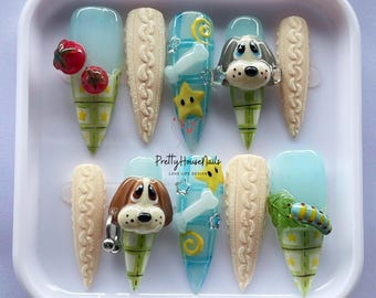 Schattige hondenpers op nagels, handgemaakte 3D-cartoon nepnagels, kawaii puppy-nagelkunst, feestnagels, aangepaste lange valse nagelset cadeau voor hondenliefhebbers.