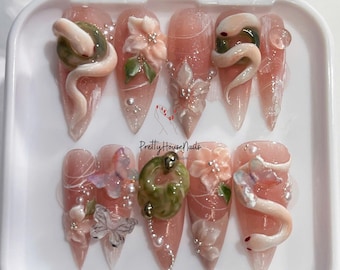 Handmade Snake-Inspired Jade & Lotus Nail Set, Unique Snake-Inspired Press On Nails, Crystal 3D Snake Design, Long Stiletto Nail, Party Nail
