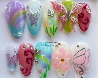 Butterfly Press On Nails, Hand Painted Pastel Flower Nail Art, Fairycore Spring Nails, Custom Cute Fake Nail for Gift, Cosplay, Gift for her