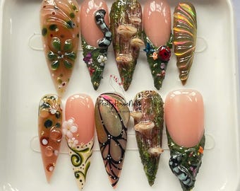 Nature Forest Press On Nails, Long Stiletto Nails with Mushrooms, Butterflies & 3D Details, Woodland Fantasy Nail Set, Unique Cosplay Nails.