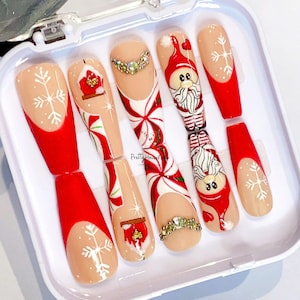 Love Grinch Press On Nails, Christmas Candy Coffin Nails, White Snowflake Fake Nails, Look Fresh False Nails for Christmas Day, Gift for her