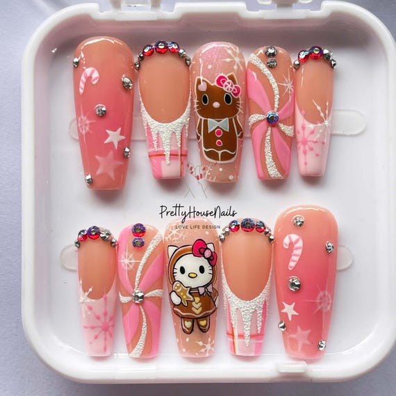 Hello Kitty Gingerbread Press on Nails, Long Nails With Pink Candy
