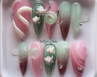 Glitter Snake and Floral Long Stiletto Nails, Hand-painted 3D Lotus with Gradient Pink & Green Design, Unique Asian Nails, Tea Party Nails.
