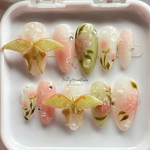 Handmade Butterfly Almond Nails, Flower & 3D Fairy Butterfly Press On Nail, Lotus Nail, Unique Asian Nail Art, Perfect for Spring and Summer