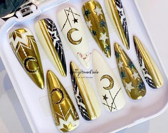 Christmas Night Press On Nails, Christmas Nails Designs, Long Stiletto Nails, Holiday Nails, Custom Fake Acrylic Nails, Winter Nails, Gift.