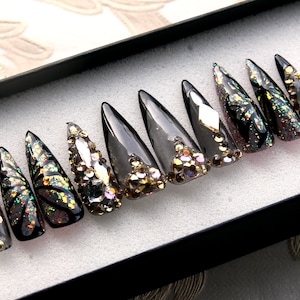 Glitter Butterfly Press On Nails, Halloween Stiletto Nails, Coffin Nails, Floral Glue On Nails, Trendy Nails, Hot Pink Nails, Gift Set N247