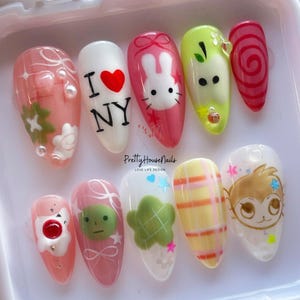 Hand-painted Kawaii Press On Nails, Cute Cartoon Fruit Bunny Design, Custom Fake Nails,  Anime Nail Art, Cosplay Nails, Cute Cartoon Nails.