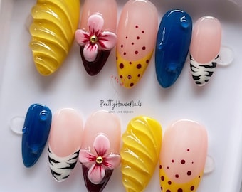 Handgefertigte Press-On-Nägel, Mandelnagel mit 3D-Blumen, Zebra-Print, French Tips, wiederverwendbare, benutzerdefinierte Nagelset, Sommernägel, Urlaub/Party-Nägel.