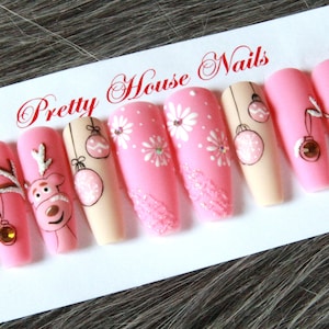 Snow Winter Press On Nails, Cute Reindeer Nails, Fake Acrylic Nails, Glue On Nails, Gel Nails, Fake Nails, Christmas gift, Christmas Nails.