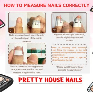 May include: A diagram showing how to measure nails correctly. The diagram shows two hands with a ruler measuring the width of a fingernail. The text explains how to align the ruler and avoid common mistakes when measuring nails.
