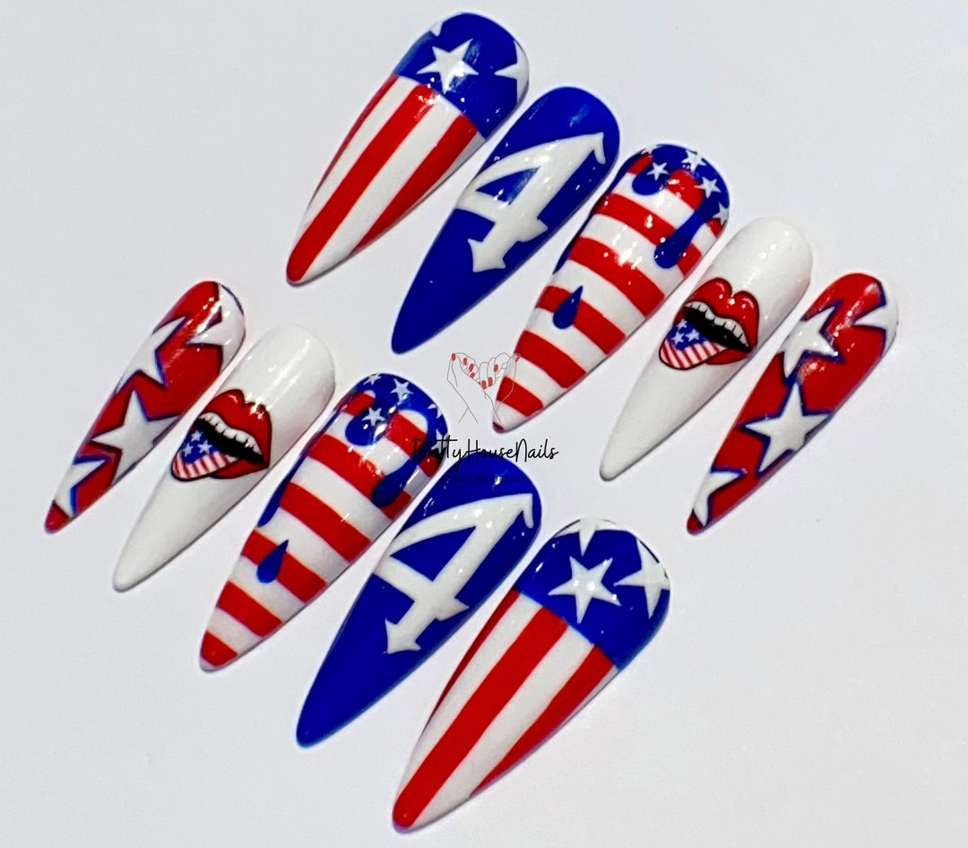 Elegant 4th of July Press on Nails, USA Nails, Independence Day Long