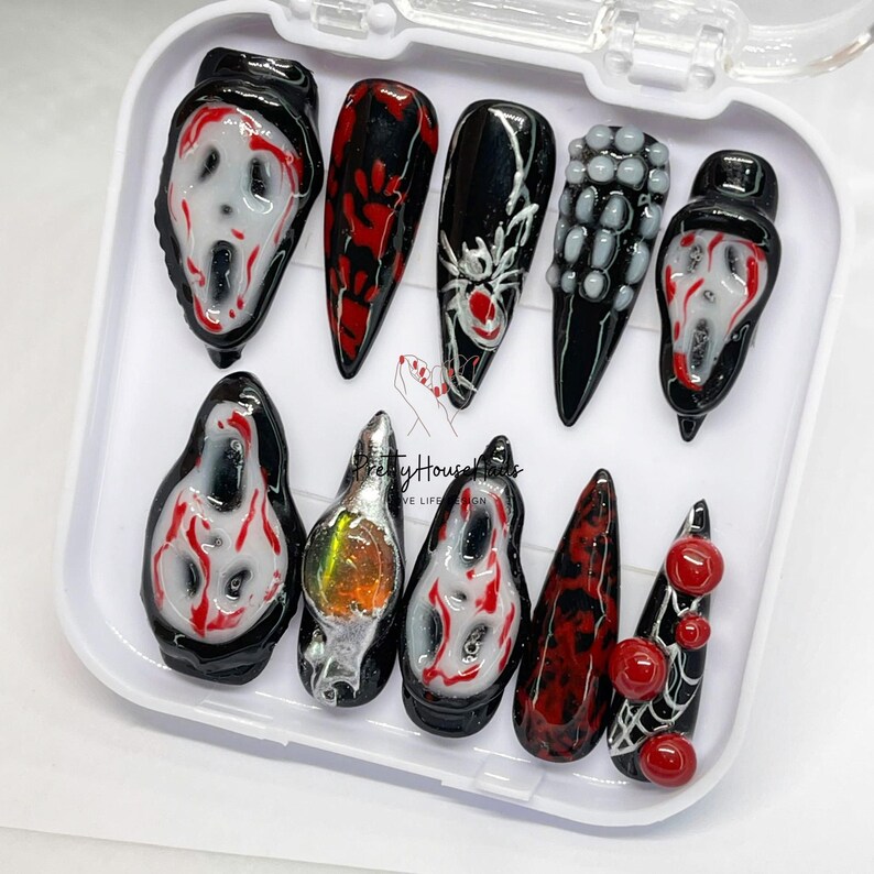 Haunted Face Press on Nails Long Stiletto, Handpainted Scary Halloween