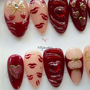 valentine nails, burgundy nails, heart press on, kiss print nails, 3d heart nails, romantic nails, red press ons, love nails gift, nude red nails, gold charm nails, almond nail set, valentine gift her, handmade nails