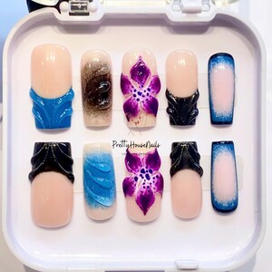 Purple Orchid Summer Acrylic Press on Nails Square, Custom Holiday Nails, Handmade Flower Beach Shell Nails for Vacation, Ombre Nails, Gifts