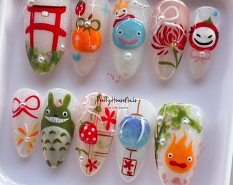 Ghibli Inspired Press On Nails, Handmade Cute Japanese Nail Art, Cartoon Almond Nail, Totoro Nail Set, Festival Nail, Anime Kawaii Fake Nail