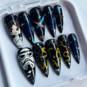 Unique Star Wars Press On Nails, Handmade Princess Leia, Stormtrooper Nail Art, Galaxy Long Stiletto Nails for Sci-Fi Fans & Cosplay Lovers.
