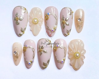 Elegant Color Press On Nails | Almond Nails Art With Golden Charm | Sparkling Flowers Nails Set | Color Harmony Press On Wedding Nails Gift.