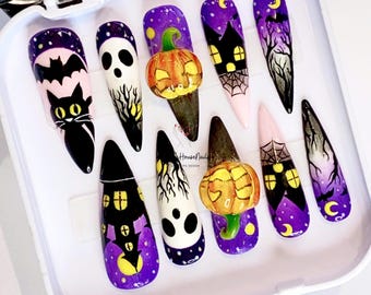 Halloween Nightmare Press On Nails, Custom Fake Acrylic Nails For Halloween Nails, Glue On Nails, Gel Nails, 3D Nails With Pumpkin, Cat man.