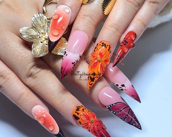 Autumn Red Bloom Press On Nails, Handmade Gel Long Stiletto Maple Flower Nail Set