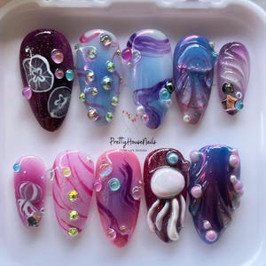 Purple Ocean Press On Nails, Summer Almond Nail Set with, Starfish, Seashell, Hand-painted False Nail for Holiday Vacation, Beach Nail, Gift