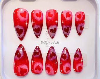 Pink Almond Valentine’s Nails with 3D Heart Accents, Handmade Press-On Nails, Romantic, Stylish Nail Art, Perfect for Parties, Gift for Her.