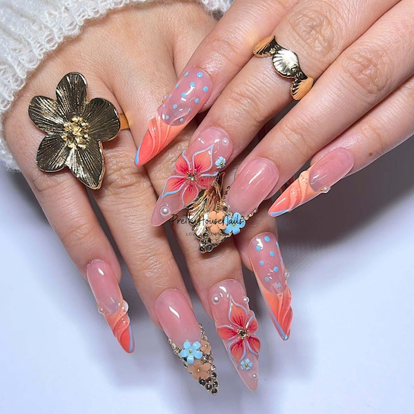 Long Almond Press On Nails, Handmade Gel Coral Flower Summer Nail Set