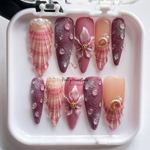 Unique 3D Floral Press On Nails, Long Almond Nail Set with Mermaid, Flower, Seashell, Hand-painted Acrylic Purple Spring Fake/False Nails.