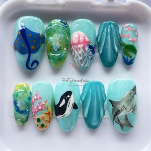 Ocean Theme Press On Nails, Handmade Sea Life Nail Art with Sharks, Orca, Stingray, Coral – Summer Beach Fake Nails Set