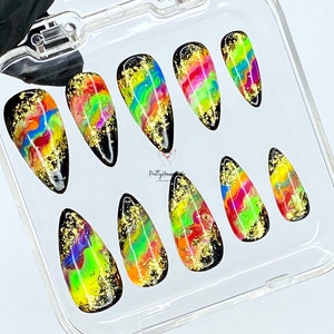 Chrome Color Press On Nails, Gold Horizon Hand-painted Nails Set, Brilliant Summer Almond Nails, Look Fresh Fake Nails For Everyday, Gift.