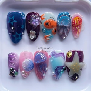 Handmade Ocean Theme Press On Nails, 3D Jellyfish Starfish Seashell Nail Art, Underwater Summer Acrylic False Nails Gift, Holiday Nails.