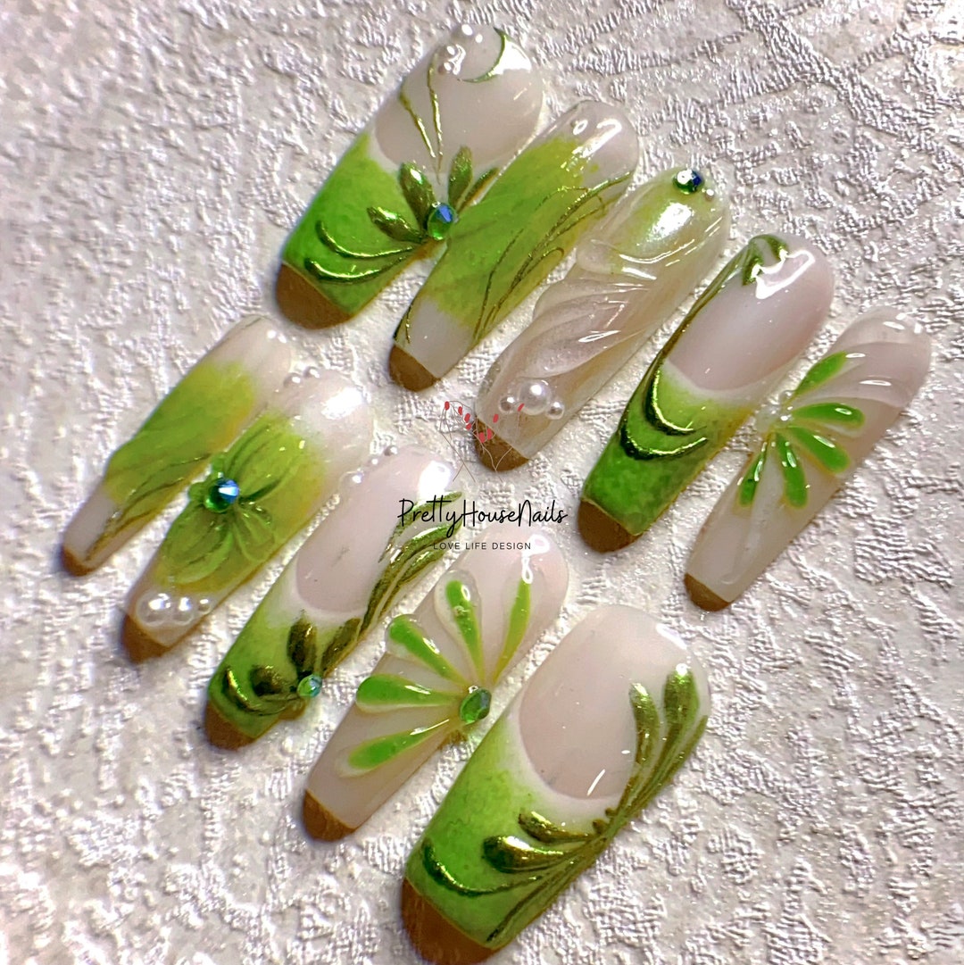 Green Seaweed Press on Nails, Handmade Nail Art, Trendy Nails, Fake ...