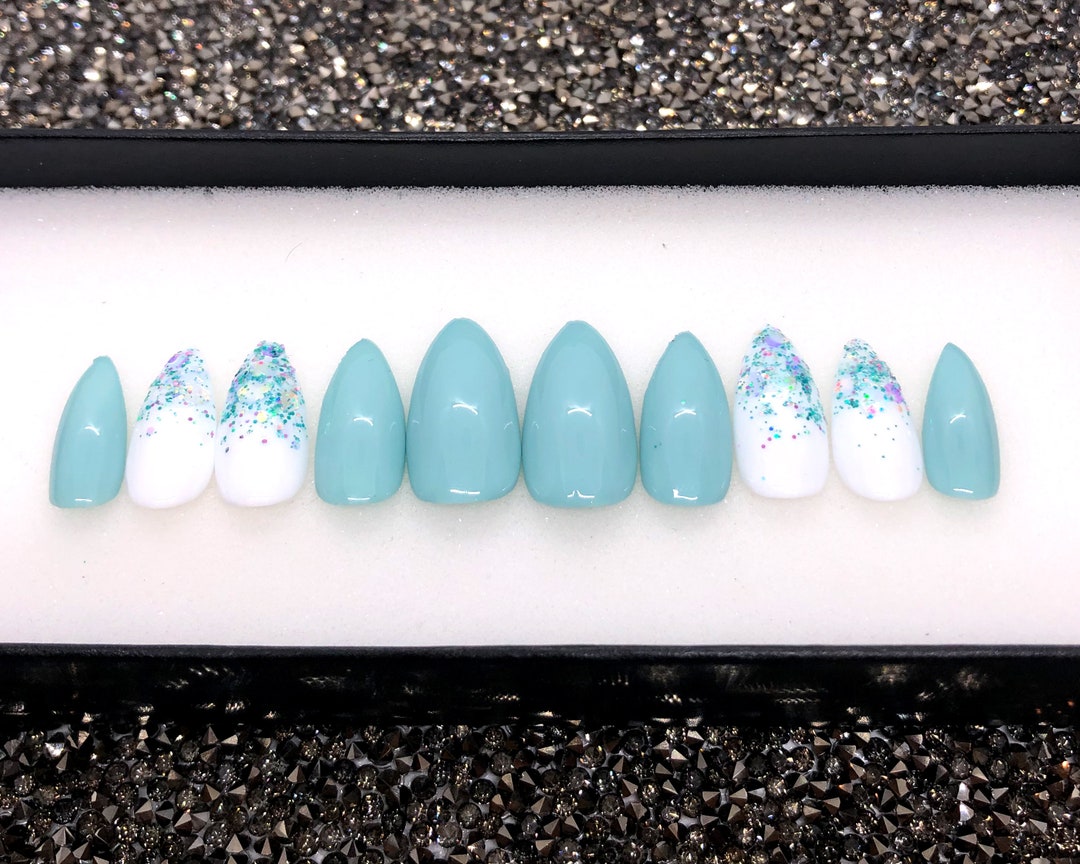 Blue And White Press On Nails Digital Blue Glitter Nails Set, White Press on Nails, Coffin Nails