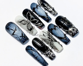 Crystal Black Butterfly Press On Nails, Short Coffin Nail Set, Handmade Silver Accent Nails, Look Special Fake Nails For Everyday, Nail Gift