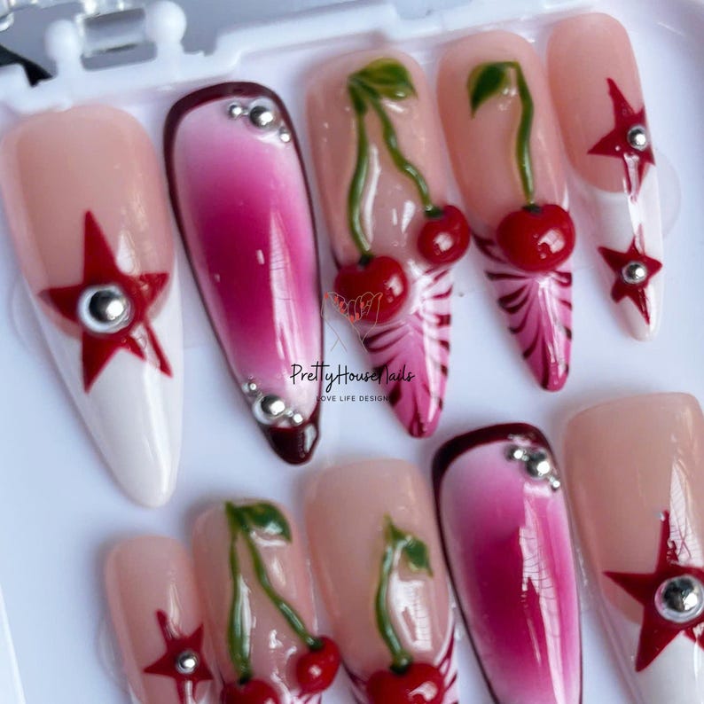 press on nails, almond press on nail, Long Stiletto Nail, handpainted Nail, Cute Nail, Gel Nail Art, Fake Nails, Valentine Nail, Cherry Nail, Jelly Nail, Pink Nail, Red and Pink Nail, Valentine nails, Heart Nailsm Romantic Nail Art