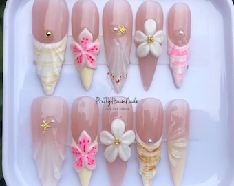 3D Flowers Long Stiletto Press on nails, Spring Nails, Handmade Floral False Nails for Holiday, Vacation, Birthday, Party Nail, Gift for Her