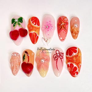 Custom Sweet Summer Press On Nails, Tropical Fruit Nail Set, Hand-painted Lover Nail Art, Fresh Fake Nails For Summer, 3D Flower False Nails